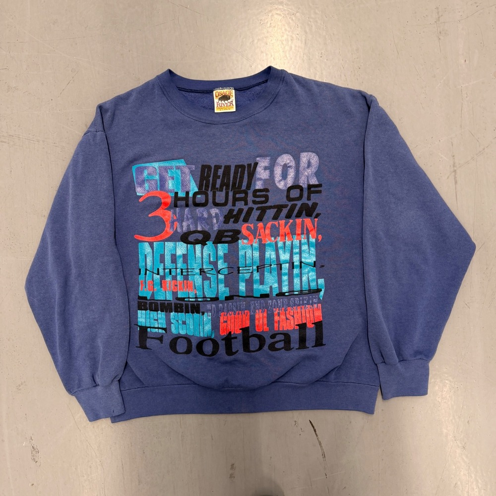 Vintage Osage River Football Graphic Sweatshirt‎ Blue Mens XL Made in USA 90s